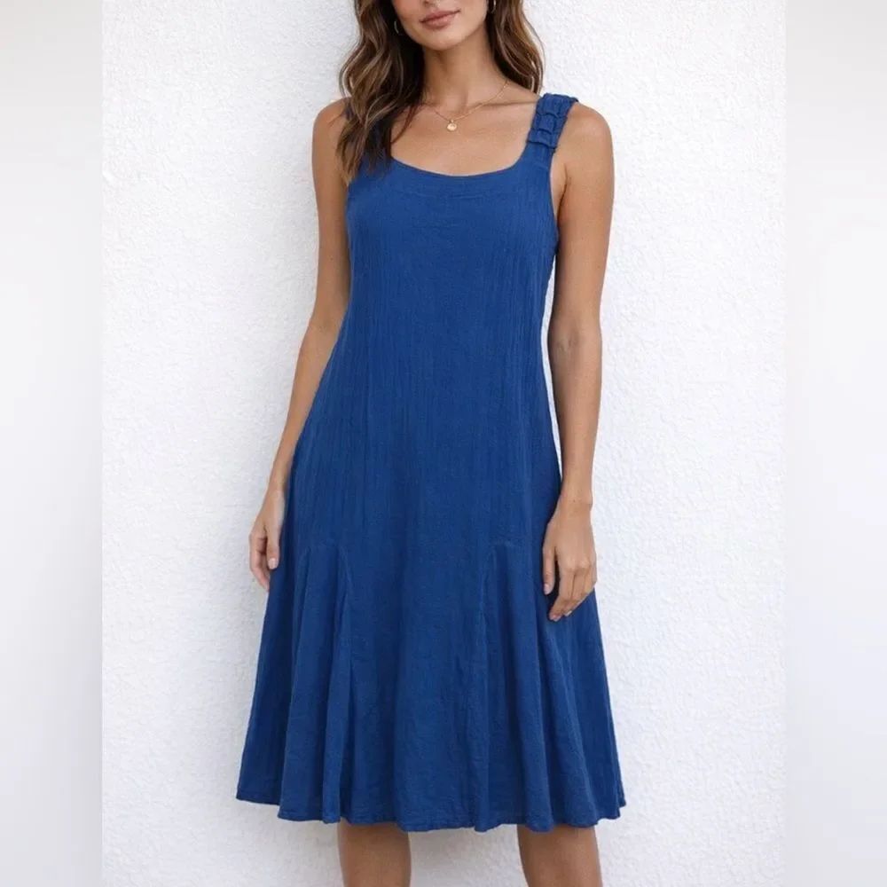Oh My Gauze! Blue Cotton Sleeveless Crinkle Swing Dress Size S/M